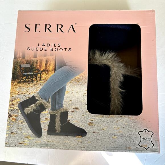 Serra Suede Leather Ankle Boots Size 7 NWT Navy Faux Fur Lining Button Comfort - Picture 3 of 14